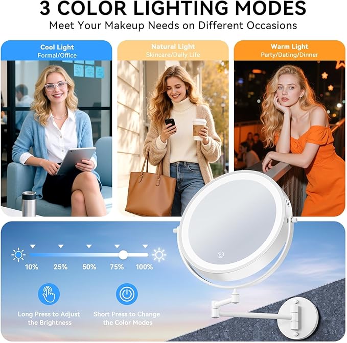 9'' 30X/1X Wall Mounted Lighted Makeup Mirror, 5000mAh Rechargeable Double-Sided Magnifying Mirror with Light, Vanity Mirror Touch Dimmable 3 Colors 360° Rotation Extended Foldable Arm, Power Adapter