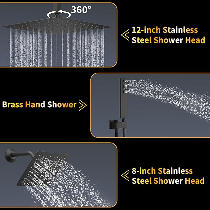 AYIVG Matte Black Bathroom Temperature Display Shower Faucet Set Thermostatic Rainfall Shower System 12 Inch And 8 Inch Dual Square Shower Head System Ceiling Mount With Handled Spray
