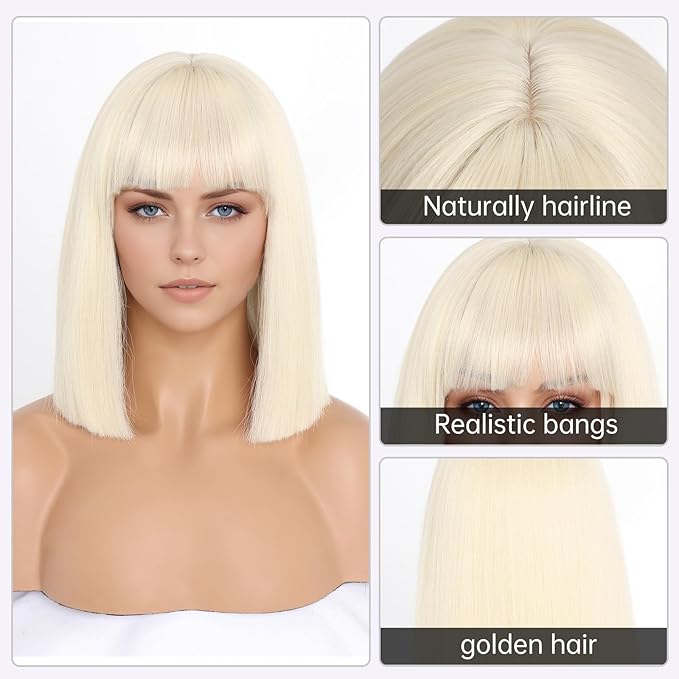 Blonde Wig With Bangs Short Bob Straight Wigs for Women Shoulder Length Blonde Natural Looking Synthetic Heat Resistant Fiber Wigs for Halloween Costumes Cosplay Daily Use(12 Inch)