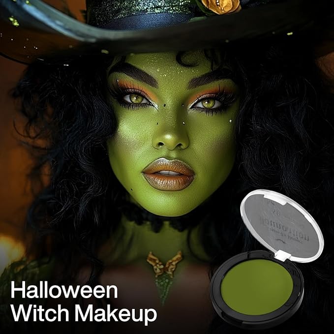 Green Face Paint Foundation Witch Wicked Makeup, Waterproof High Pigment Face Paint Concealer, Smooth Texture Greasepaint, Matte Goth Face Paint for Witch Costume Makeup Halloween St. Patrick's Day