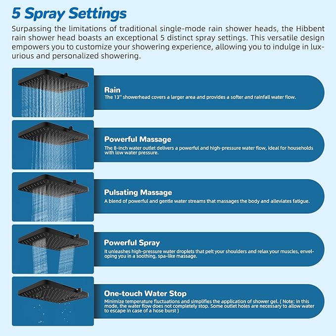 Hibbent cUPC Certified 13'' Shower Head Combo, High Pressure 5 Spray Rainfall Showerhead, 10 Spray Mode Handheld, All Metal Easy Reach 4-way Diverter Arm with Pause Mode, 71'' Hose and Holder, Black