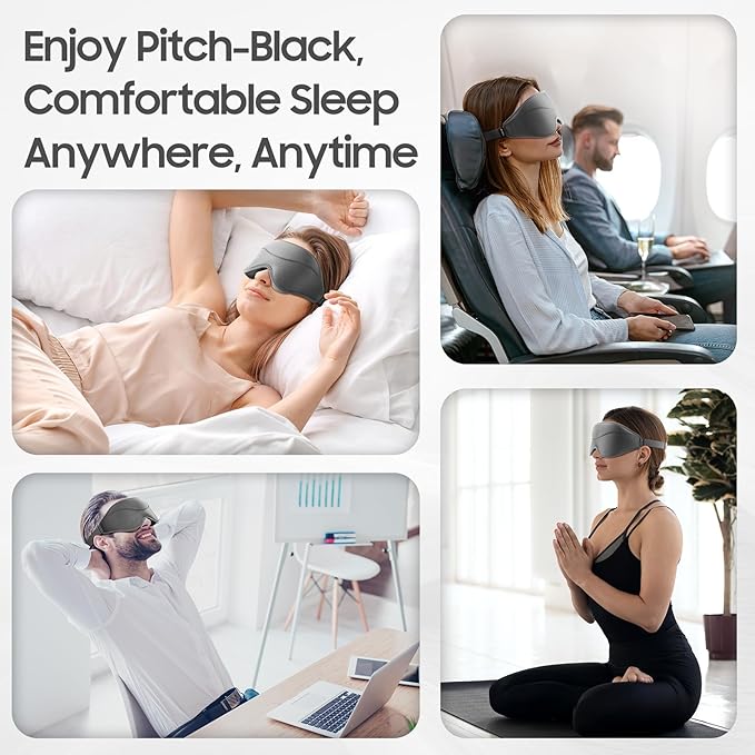 MOEASEii Sleep Mask - Total Blackout 3D Sleeping Mask, Super Lightweight & Silky Soft Eye Mask for Sleeping, Fully Adjustable Fit for Home, Office, Traveling, Meditation, Yoga, Gray