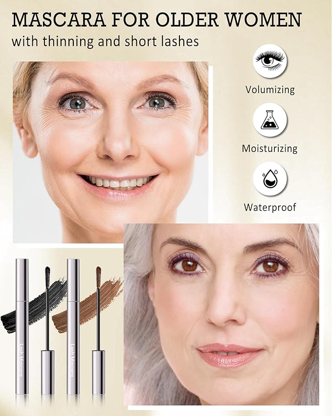 Brown+Black Mascara for Older Women 60 Plus, Tube Máscara Volume and Length for Mature Women with Thinning Lashes, Hypoallergenic Prime Mascara for Sensitive Eyes, Non Clumping Waterproof Long Wear