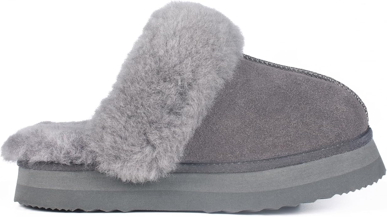 Parfeying Women's Shearling Slippers Genuine Leather with Rubber Sole, Sheepskin Fuzzy Indoor Outdoor Shoes for Home