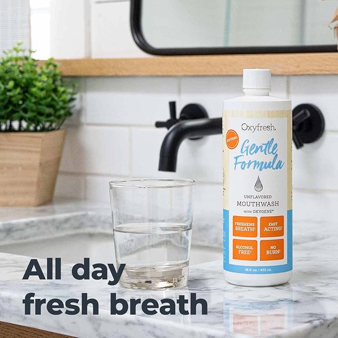 Oxyfresh Gentle Formula Unflavored Mouthwash for Adults – Ultra Sensitive Gums & Teeth – Non Mint, Zero Alcohol, Flavor Free – Fresh Breath. 16 oz
