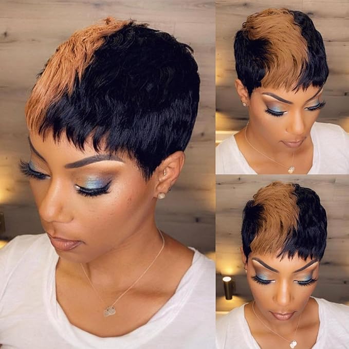 Short Pixie Cut Wig for black women Real Brazilian Virgin Human Hair Black and Honey Blonde Highlight full Machine Made Glueless wig Short layered Pixie Haircut hairstyle 1B/33#