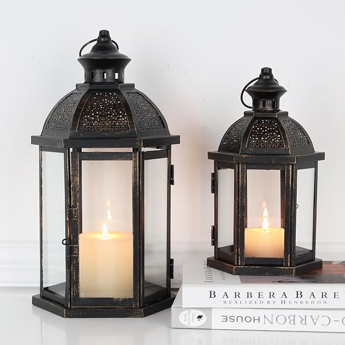 DECORKEY Large Lantern Decorative Outdoor & Indoor, Set of 2 (15’’&11’’) Metal Candle Lanterns Decor, Vintage Hanging Candle Holder for Front Porch Patio Wedding Farmhouse Home, Spring Decoration