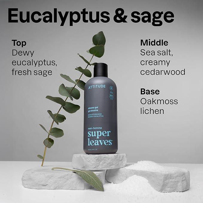 ATTITUDE Shower Gel Body Wash for Men, 98% Natural Origin Ingredients, Paraben & Phthalate Free, EWG Verified, Cleanses Without Drying, Eucalyptus & Sage, 14 Fl Oz (Pack of 3)