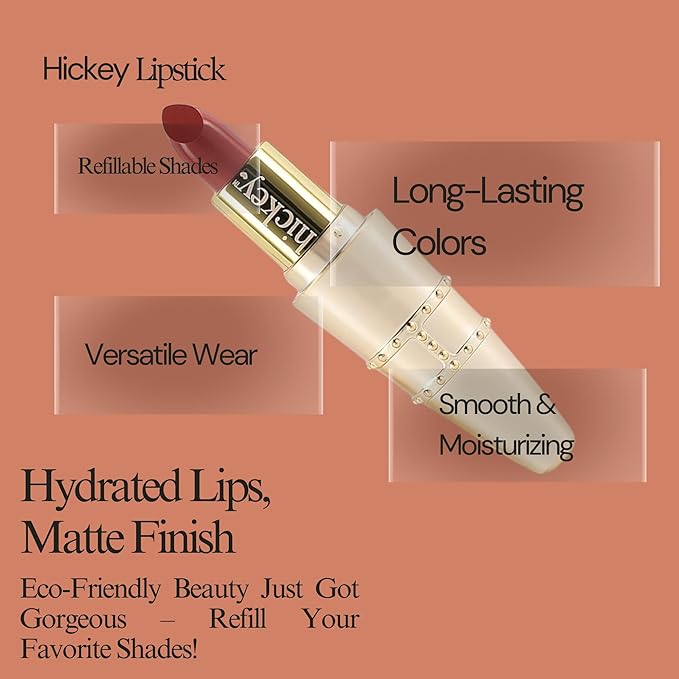 Hickey Lipstick Set, Haute Mess (Terracotta), Refillable Silver Case with Chain, Satin Pouch & Ribbon (Wearable Necklace), Long Lasting Hydrating Velvet Finish Lipstick for Women - Vegan & Gluten-Free