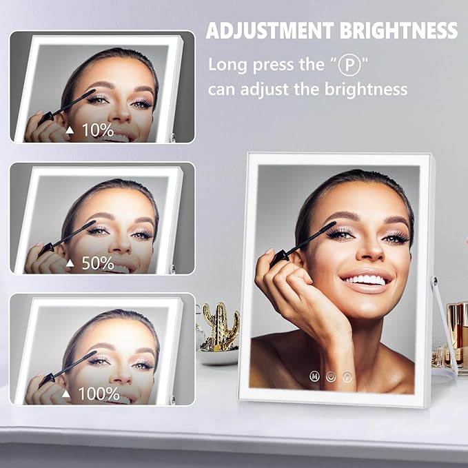 Vanity Mirror with Lights,10"x12" Lighted Makeup Mirror with 3 Color Modes, 360° Rotation Makeup Mirror with Lights, Dual Power Supply, Portable Desk Mirror, Smart Touch Control (White)