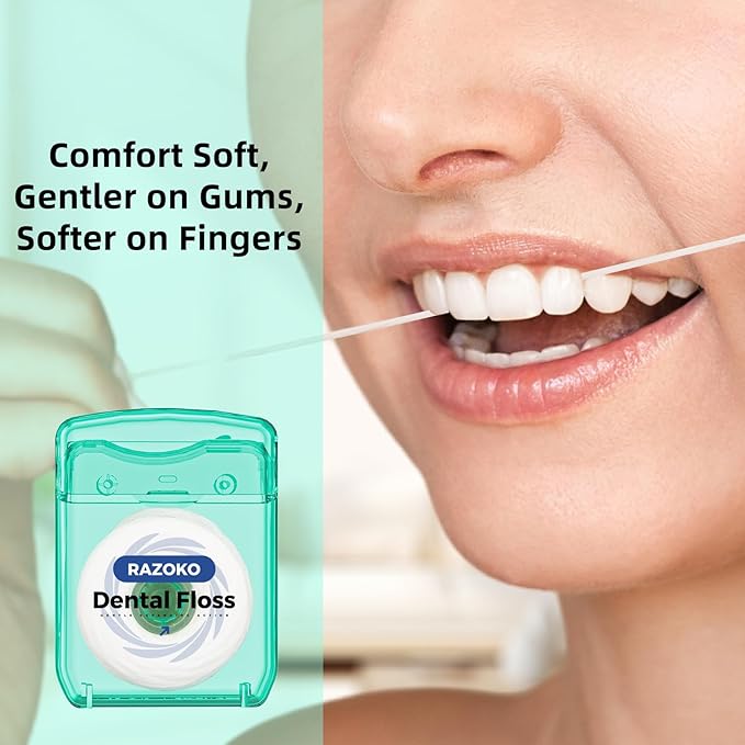RAZOKO Expanding Dental Floss for Wide Spaces (55 Yards, 4 Pack), Shred-Resistant Thick Floss with Refreshing Light Mint Flavor, Fluoride-Free Deep Cleaning for Teeth & Gums, Total 220 Yards