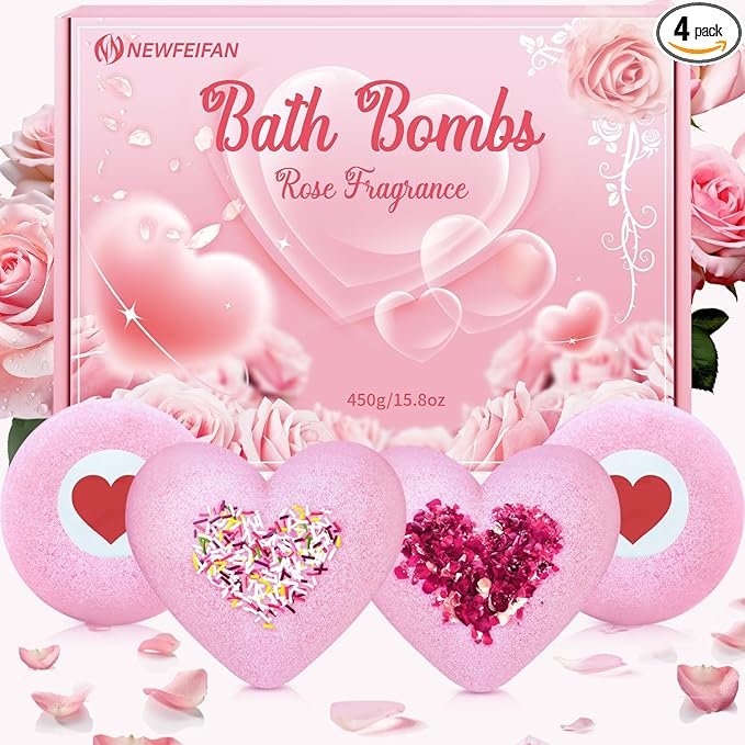 Valentines Bath Bombs for Women, XXL 4-Pack Handmade Natural & Organic Rose Essential Oil, Valentines Day Gifts for Her Him, Valentines Day Basket Birthday Gifts for Wife Daughter Girlfriend Coworkers