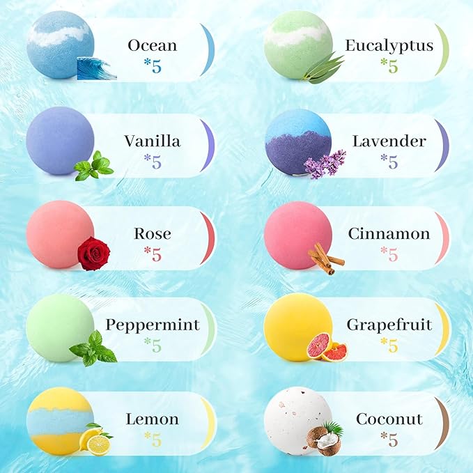 TranquilBliss Bath Bombs Set 50 PCS with 10 Rich Scents, Bath Bombs for Women, Natural Bubble Bombs with Shea Butter & Safe Oil, Ideal for Valentines, Birthday, Mother's Day Present (Purple)