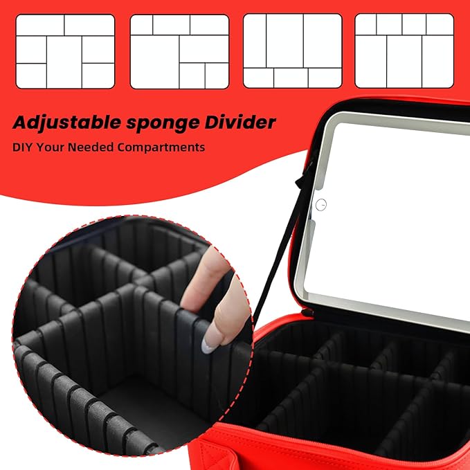 SUILU Travel Makeup Bag with LED Mirror and Light Travel Makeup Case Cosmetic Organizer Portable Cosmetic Brush Organizer Bag with Adjustable Dividers for Cosmetics Makeup Brushes Toiletry (Red)