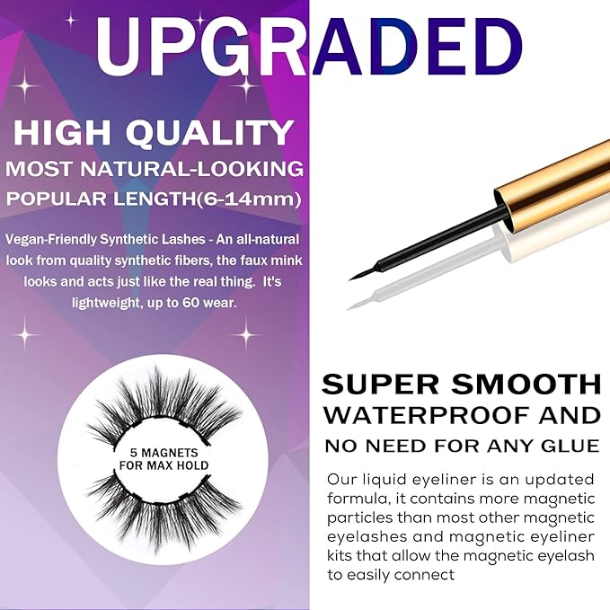 DUOERLA Magnetic Eyelashes Natural Look- 10 Pairs Full Volume Magnetic Lashes with Eyeliner Kit -4 Tubes of Liner - Upgraded Long Lasting, Waterproof, Easy,Reusable Fake Eyelashes with Applicator