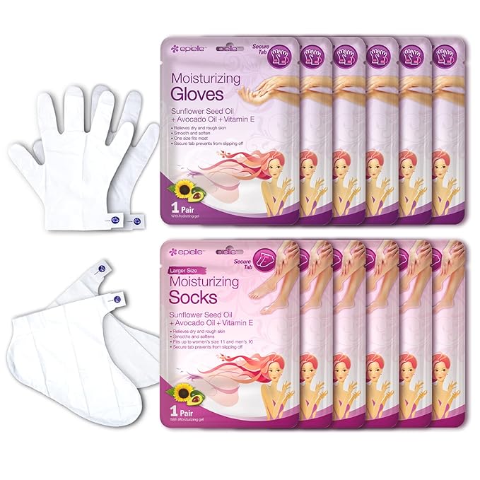 Epielle Moisturizing Hand & Foot Masks, Soften Dry, Rough Skin with Sunflower Seed Oil & Vitamin E, Self Care Gifts for Women, Spa Kit, Stocking Stuffers, 6 Moisturizing Gloves & 6 Moisturizing Socks