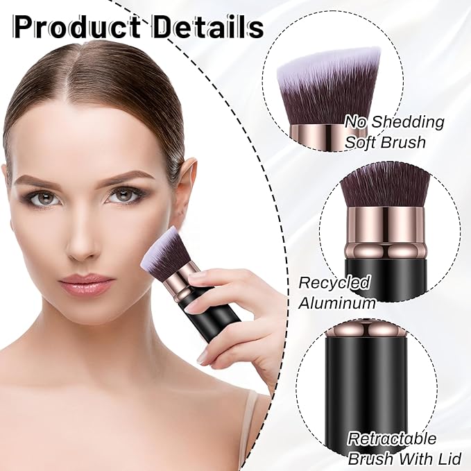 LXUEJIE 3 Pack Retractable Makeup Brush, Travel Kabuki Foundation Brush Portable Powder Foundation Brushes Face Blush Brushes for Blending Liquid Blush Bronzer Buffing Sunscreen Cosmetics(Black Gold)
