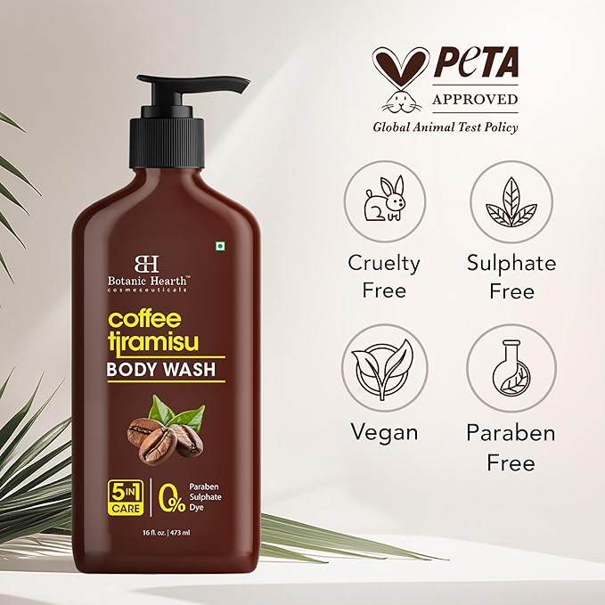 Botanic Hearth Coffee Tiramisu Body Wash – 5-in-1 Nourishing Cleanser with Invigorating Coffee Aroma, Hydrating Formula, Sulfate & Paraben Free – 16 fl oz
