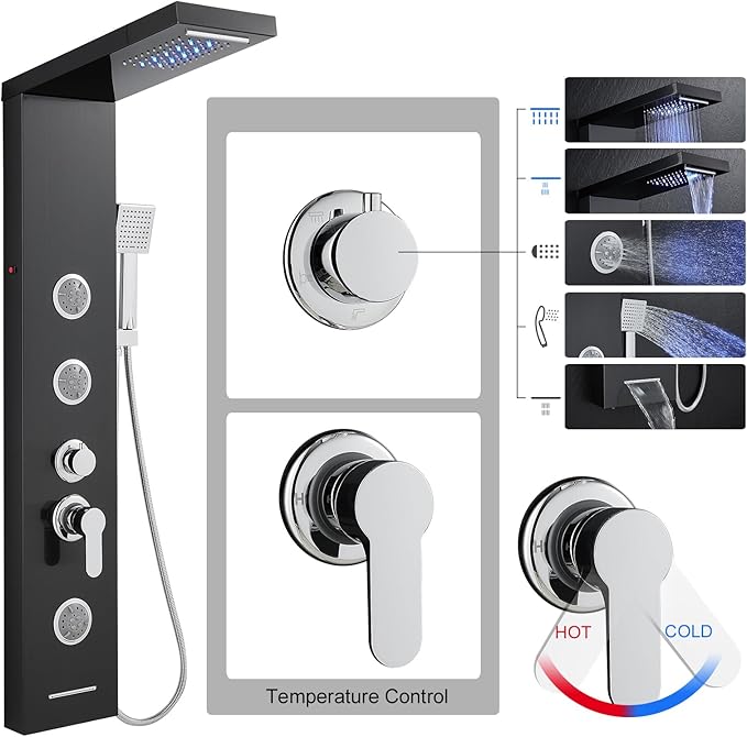 TSIBOMU Multi-Function LED Lights Shower Panel System Black, 5 in 1 Shower Panel Include Rainfall & Waterfall Shower Head, 3 Pcs Adjustable Massage Jets, Handheld Shower, Tub Spout