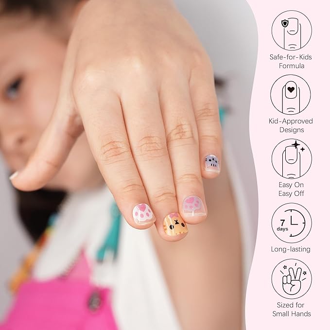 DANNI & TONI Kids Gel Nail Strips Cat Paws Pink Salon-Quality Peel & Stick Manicure for Children (Age 6+)– Safe, Long-Lasting, Easy to Apply |Paw Pals