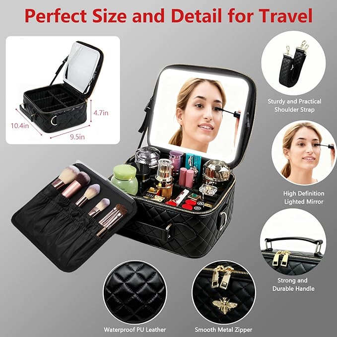 GIUWESOY Travel Makeup Bag with Light Up Mirror, Portable Makeup Bag with Led Light Women Waterproof Makeup Travel Case adjustable dividers Rechargeable Vanity Mirror with 3 Color Lights
