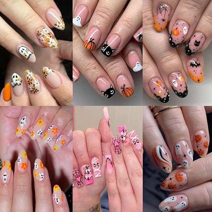 8 Sheets Halloween Nail Art Stickers Decals 3D Self-Adhesive Horror Ghost Spider Web Spider Pumpkin Hand Bone Skull Black Cat Nail Stickers Cute Halloween Nail Decals for Women