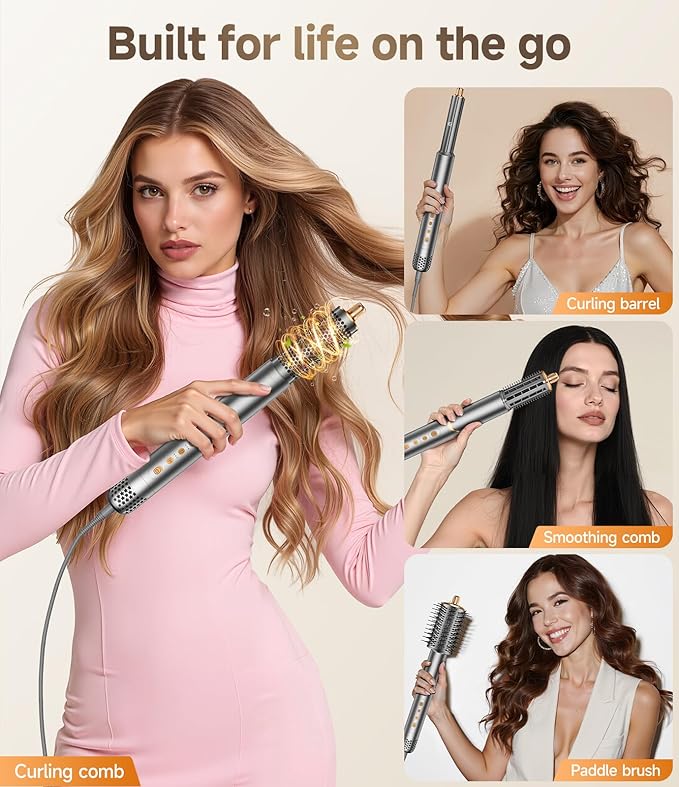 8 in 1 Hair Styler Curler & Air Dryer Brush, 110,000 RPM High-Speed Negative Ionic Foldable Hair Dryer Fast Drying, Multi Professional Hot Air Styler for Curling Volumizing Straightening Styling(Gray)