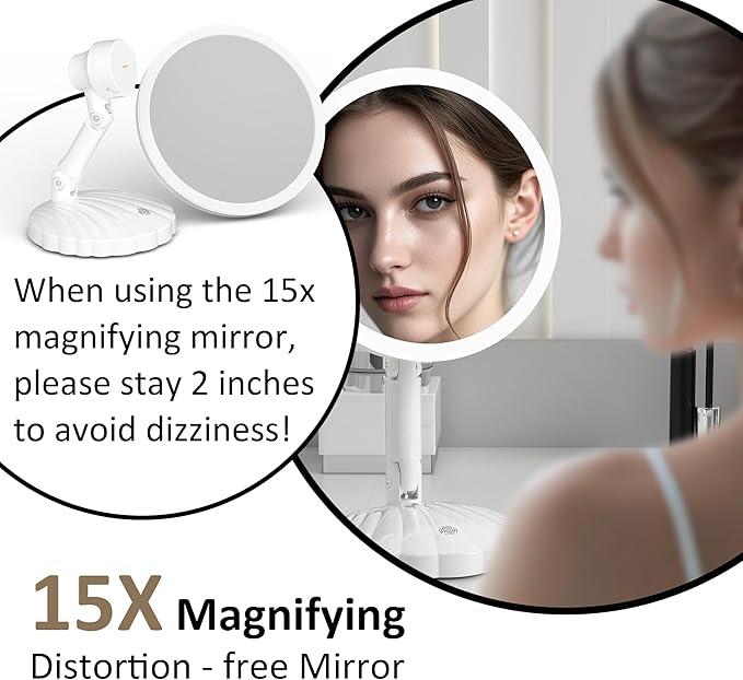 Foldable 15X Magnifying Mirror with Lights,Portable Vanity Mirror,3 Colors Light Modes, Desk or Travel Use,Stepless Adjustable Lighted Makeup Mirror