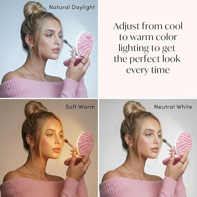 Fancii Taylor LED Lighted Travel Makeup Mirror, Rechargeable, 10x /1x Magnifying, Tru-Glow Lighting System, XL Large 5” Wide | Compact Mirror for Purses (Blush Zebra)