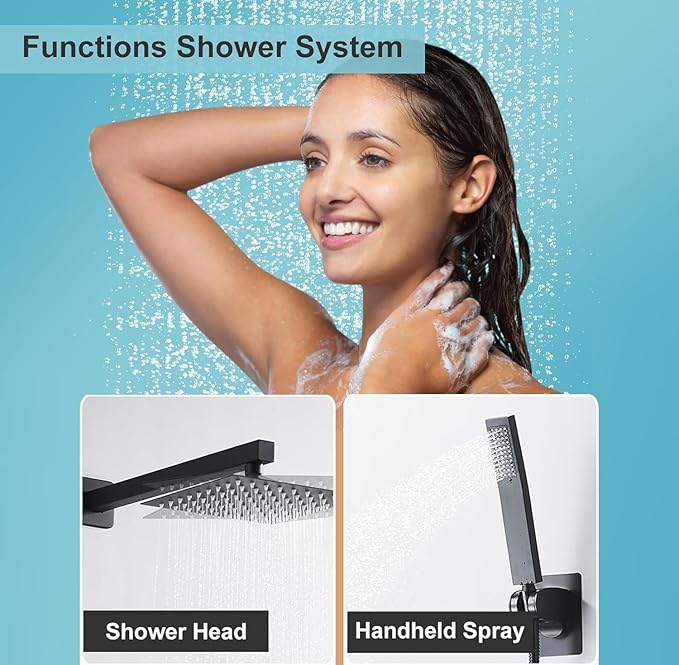 RTTWYYUU Matte Black Shower Head and Handle Set 8 Inch, Rain Shower Head with 2 Hooks, Luxury Rain Shower Set Square Wall Mount for Bathroom with Rain Shower and Handheld Shower System