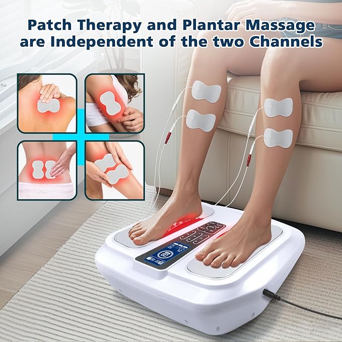 EMS Foot Massager with Heat,TENS Electronic Muscle Circulation Stimulator with 4 Electrode Pads for Neuropathy,Relieves Swelling, Fatigue, Plantar Fasciitis-Silent Operation ((White)