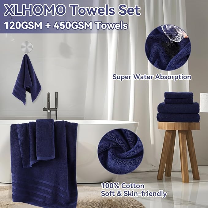 XLHOMO Navy Blue Bathroom Accessories with Bath Towels Ombre Shower Curtain, Blue Bathroom Setwith Trash Can,Toothbrush Holder,Toothbrush Cup,Soap Dispenser,Soap Dish,Toilet Brush and Qtip Holders