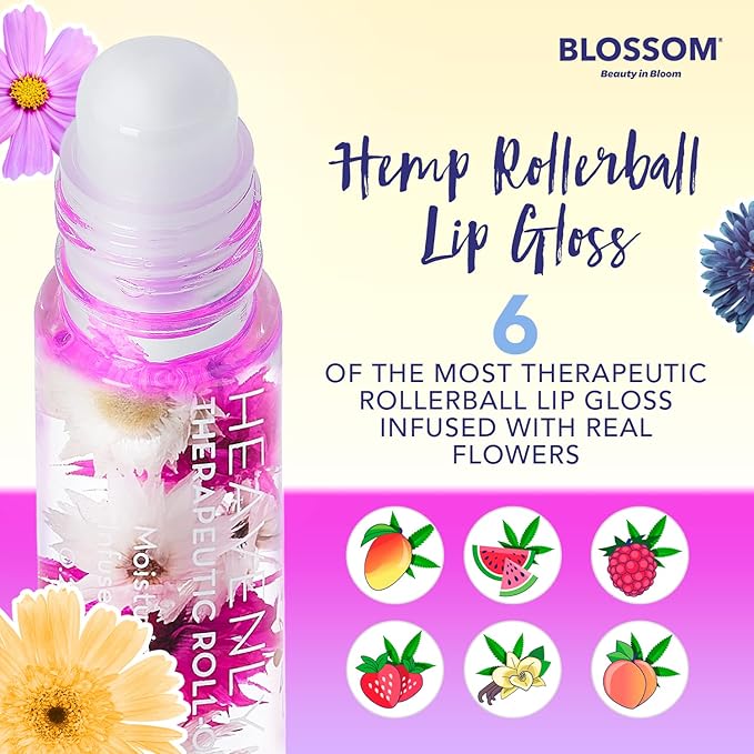 Blossom Roll on Lip Gloss, Scented Clear High Shine Moisturizing Lip Oil, Non Sticky, Infused with Real Flowers, Made in USA, 0.2oz, Strawberry Hemp