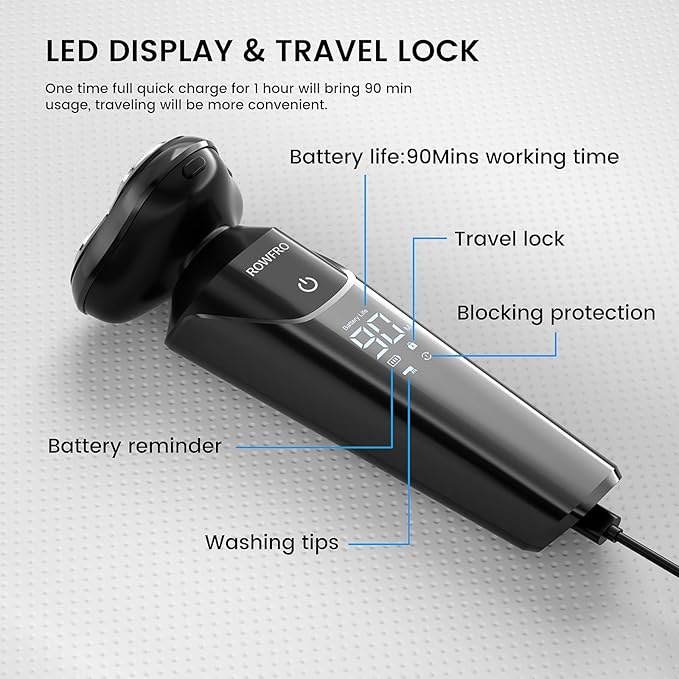 Mens Electric Shaver Waterproof: Rechargeable Cordless Shavers - Type-C 1H Fast Charging - IPX7 Waterproof Wet/Dry Rotary Electric Razor, with Travel Lock, Ideal Gift for Men