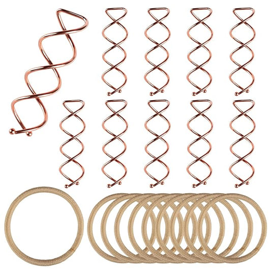 Teenitor 20Pcs Spiral Hair Pins, Spiral Bobby Pins, Spin Pins for Hair Twist, Hair Bun Maker Bobby Pins for Buns with 10 Hair Ties, Rose Gold