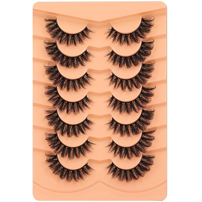 Kiromiro Lashes Mink False Eyelashes D Curl Fake Lashes Volume Cat Eye Lash Fluffy Wispy Lashes 18mm Thick Strip Eyelashes Pack, 7 Pairs