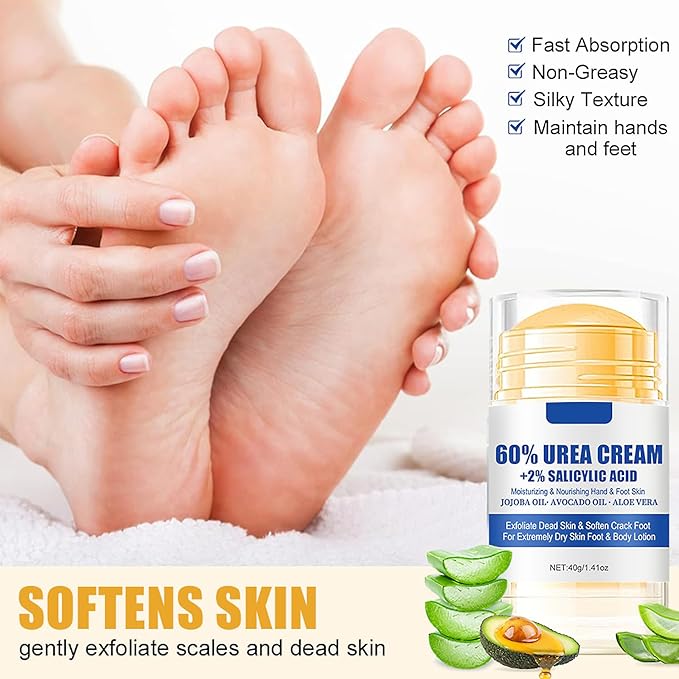 2pcs Urea Cream Stick 60% plus Salicylic Acid 2%, Maximum Strength Urea Foot Cream for Dry Cracked Heels, Feet Callus Remover, Hands Knees Exfoliating Dead Skin, Softening Skin Moisturizer Lotion