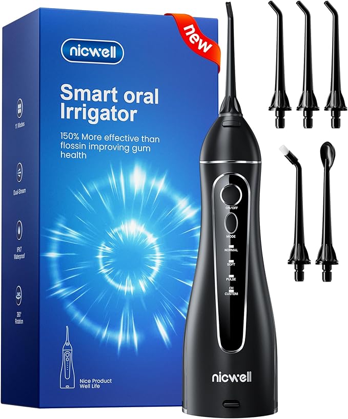 Nicwell Cordless Water Flosser - 4 Modes Rechargeable Oral Irrigator IPX7 Waterproof with 5 Tips for Deep Cleaning