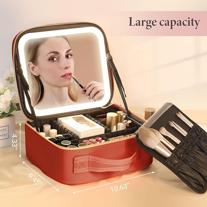Behaesty Travel Makeup Bag with LED Lighted Mirror, Cosmetic Makeup Organizer Bag with 3 Color Setting, Makeup Train Case with Adjustable Dividers for Women Makeup Brushes Jewelry Accessories
