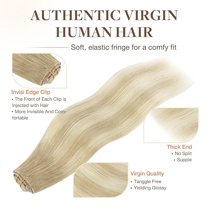 GOO GOO Invisi Edge Clip in Hair Extensions, 16inch 130g 7Pcs, Injected Seamless PU Clip in Hair Extensions, Virgin Real Human Hair, #18ET90A Natural Blonde Balayage