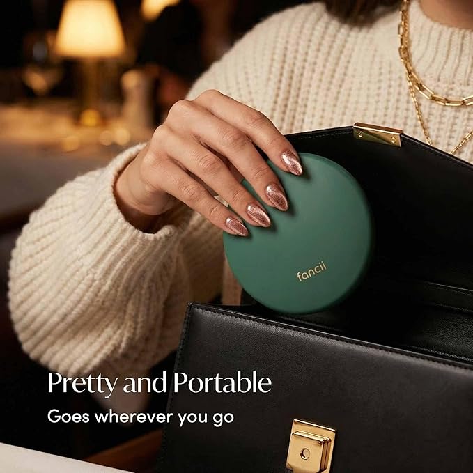 Fancii Taylor Rechargeable Travel Makeup Mirror with LED Lights, 10x /1x Magnifying, 3 Light Settings, Large 5” Wide | Compact Mirror for Purses (Emerald Envy)