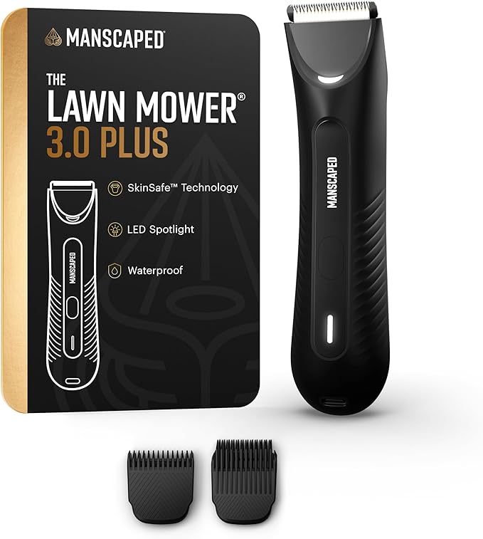 MANSCAPED® The Lawn Mower® 3.0 Plus Groin & Body Hair Trimmer – Updated SkinSafe® Trimmer Blade, Waterproof Wet/Dry Groomer, USB-C Rechargeable, Men’s Wireless Ball Shaver, Tuxedo Black