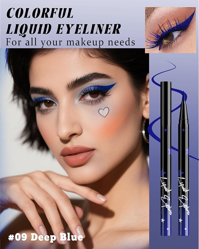 Colored Liquid Eyeliner Pen, Navy Blue Waterproof Waterline Matte Eye Liner Pencil, High Pigmented Long Lasting Quick Drying Colorful Eyeliner Pencils for Women, Valentine’s Day Eye Makeup Gift-09
