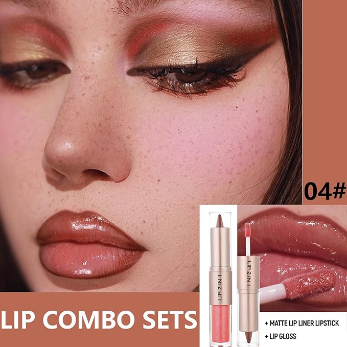 Red Brown Lip Liner and Gloss Set, Plumping Lipgloss Lip Combo Sets for Black Women,Lip Kit with Lip Liner and Gloss, Long Lasting High Pigmented Lip Kit, Waterproof Lip Combo Makeup #6 (04)