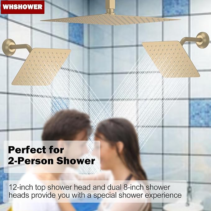 WHSHOWER Brushed Gold Triple Shower Heads Shower System with 12"+8"+8" Top Shower Heads, Digital Display Shower Valve, Body Jets and Handheld Shower,Full Body Shower System