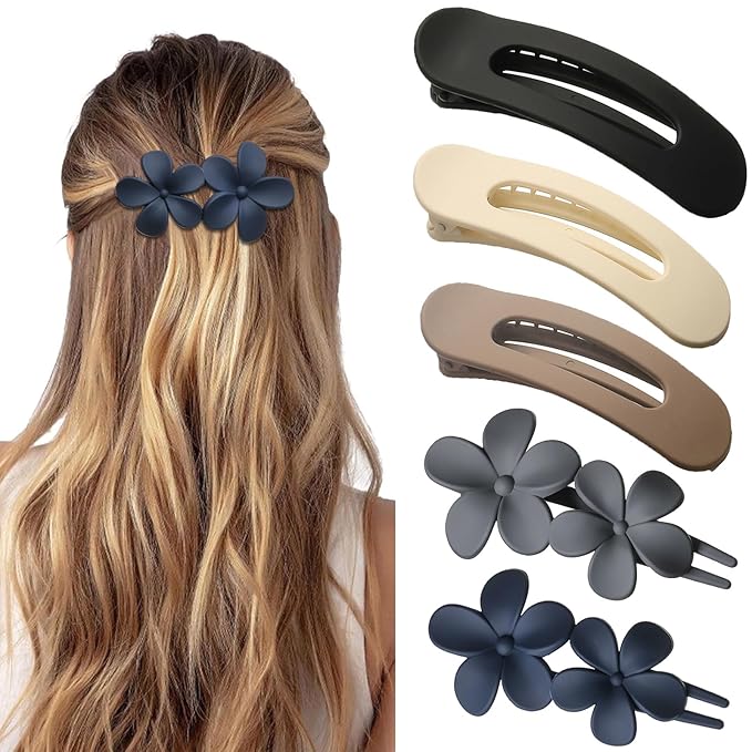 5 Pcs Flat Hair Clips, Medium Lay Flat Claw Clips for Women Girls,2 Styles Strong Hold Non-slip Matte Hair Claws for Thick Thin Hair(Black&Navy)