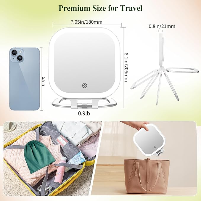 FUNTOUCH 30X Magnification Lighted Makeup Mirror, 7" Rechargeable Double Sided Travel Vanity Mirror with Lights, 3 Color Lights & Adjustable Brightness, 300°Rotation, Gift for Women,White