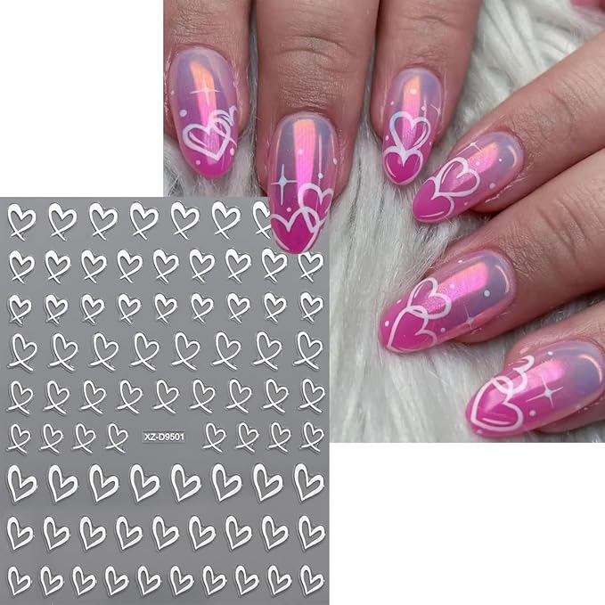 8Pcs Heart Nail Art Stickers 3D Self-Adhesive Sparkling Love Nail Art Decals Gold Silver Red White Black Romantic Heart Designs Nail Sticker for Valentine DIY Manicure Decoration Accessories
