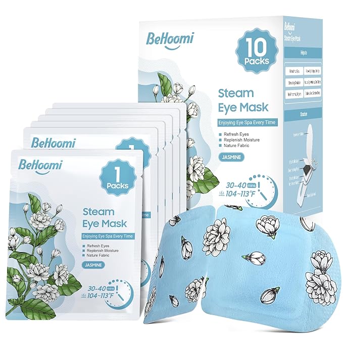 BeHoomi Steam Eye Mask, 10 Packs Heated Eye Mask, Self Heating Disposable SPA Warm Compress for Eyes Sleep Mask, Travel Essentials & Relaxation Gifts, Stocking Stuffers (Jasmine Scent)