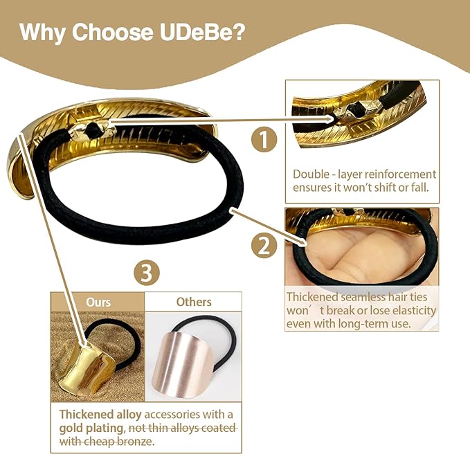 3PCS Golden Metal Hair Ties – No Damage Thick Band, High Elasticity, Durable, Stylish Golden Geometric Ponytail Holders Hair Accessories for Women